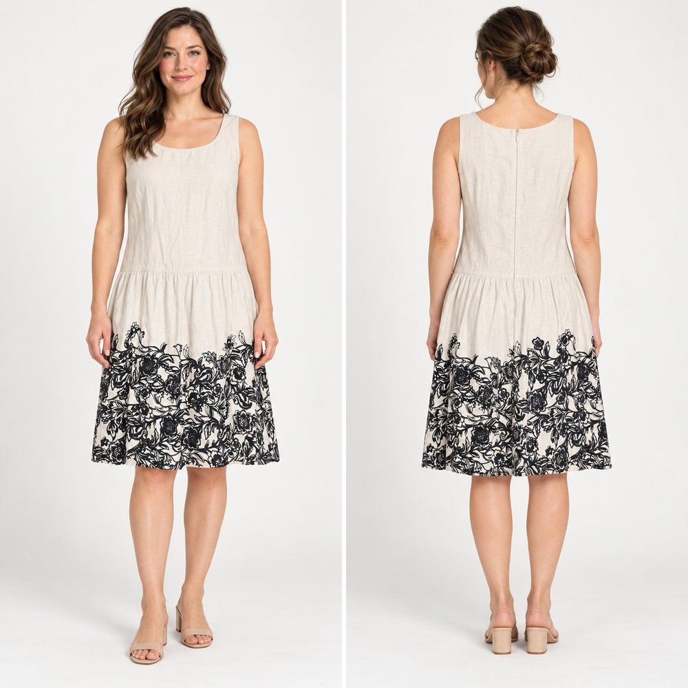 LOFT Fit and Flare Linen Cotton Dress Womens 12 Cream Floral Summer Picnic Party